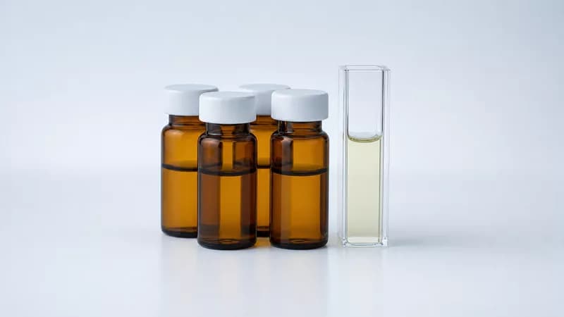 Frascos ámbar de reactivo con tapa blanca junto a una cubeta de espectrofotómetro con muestra amarilla