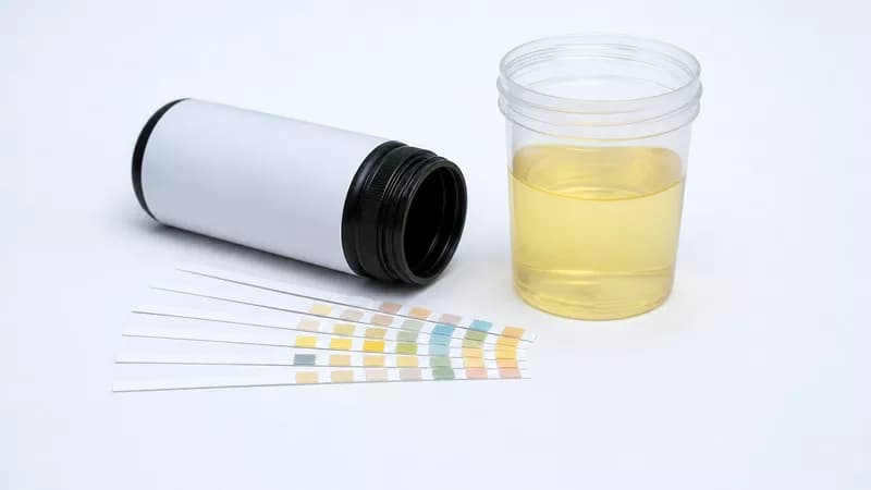 Bote de tiras reactivas de orina con tiras multiparamétricas desplegadas y un vaso con muestra de orina
